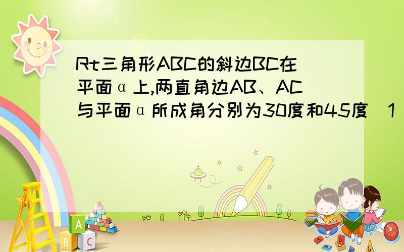 Rt三角形ABC的斜边BC在平面α上,两直角边AB、AC与平面α所成角分别为30度和45度（1）求斜边BC上的高AD与平面α所成的角（2）设三角形ABC的面积为S,求三角形ABC在平面α上的射影三角形的面积