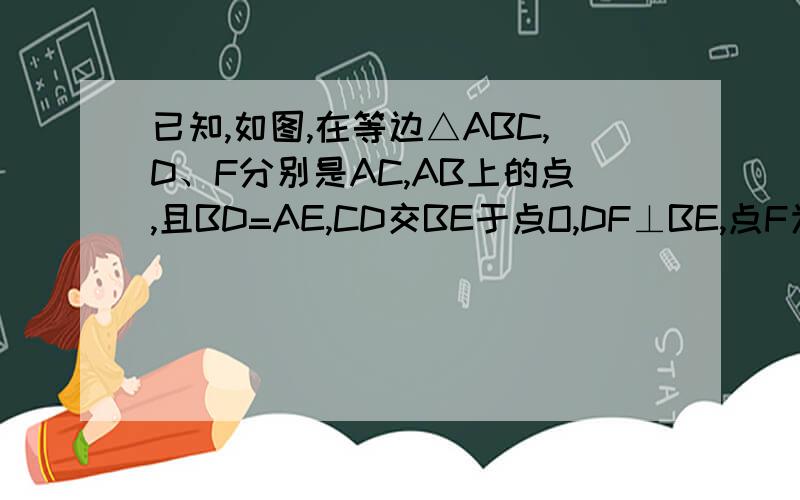 已知,如图,在等边△ABC,D、F分别是AC,AB上的点,且BD=AE,CD交BE于点O,DF⊥BE,点F为垂足,求证：OD=2O