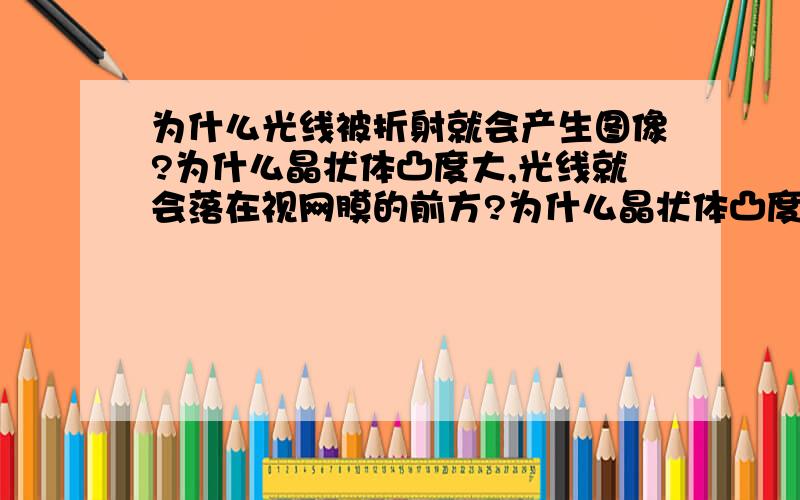 为什么光线被折射就会产生图像?为什么晶状体凸度大,光线就会落在视网膜的前方?为什么晶状体凸度小,光线就会落在视网膜的后方?（也就是说为什么物体距离远晶状体凸度就……）为什么