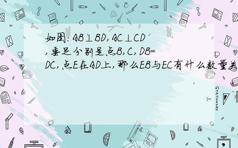 如图:AB⊥BD,AC⊥CD,垂足分别是点B,C,DB=DC,点E在AD上,那么EB与EC有什么数量关系?请说明理由.