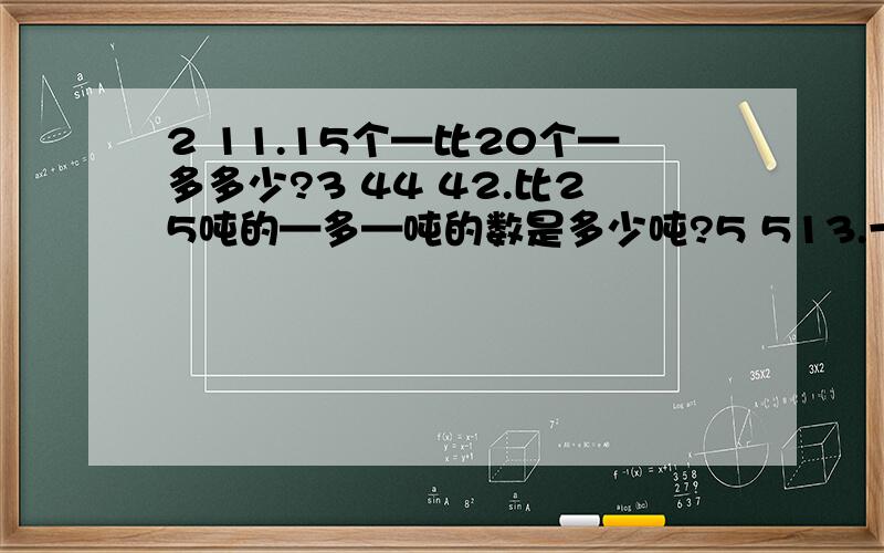 2 11.15个—比20个—多多少?3 44 42.比25吨的—多—吨的数是多少吨?5 513.一个数的20％是50,它的—是多少?424.28与12的和是一个数的—,这个数是多少?315.仓库里有15吨化肥,第一次用去20％,第2次用去