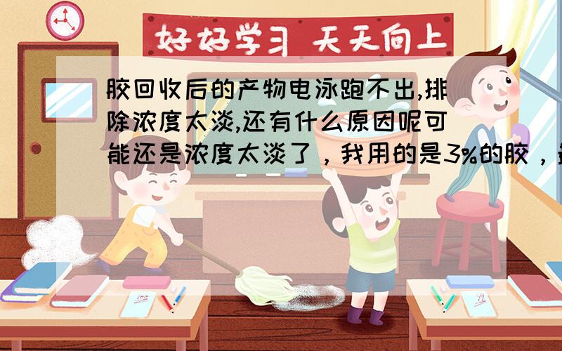 胶回收后的产物电泳跑不出,排除浓度太淡,还有什么原因呢可能还是浓度太淡了，我用的是3%的胶，最后胶回收的产物跑不出电泳，但是后面的T-A克隆连接，我加得很多，也还是连接成功了。