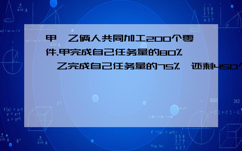 甲、乙俩人共同加工200个零件.甲完成自己任务量的80%,乙完成自己任务量的75%,还剩450个零件没有加工.请问,甲、乙的人物量分别是多少个?是总共2000个,搞错了