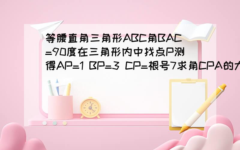 等腰直角三角形ABC角BAC=90度在三角形内中找点P测得AP=1 BP=3 CP=根号7求角CPA的大小