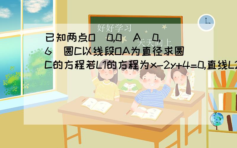 已知两点O(0,0）A(0,6）圆C以线段OA为直径求圆C的方程若L1的方程为x-2y+4=0,直线L2平行于L1且被圆C截得的弦长为4、求直线L2的方程