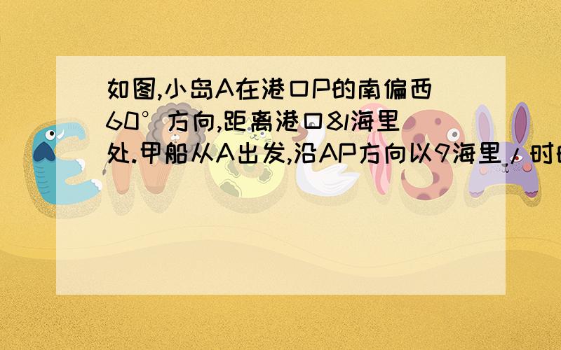 如图,小岛A在港口P的南偏西60°方向,距离港口8l海里处.甲船从A出发,沿AP方向以9海里/时的速度驶向港口