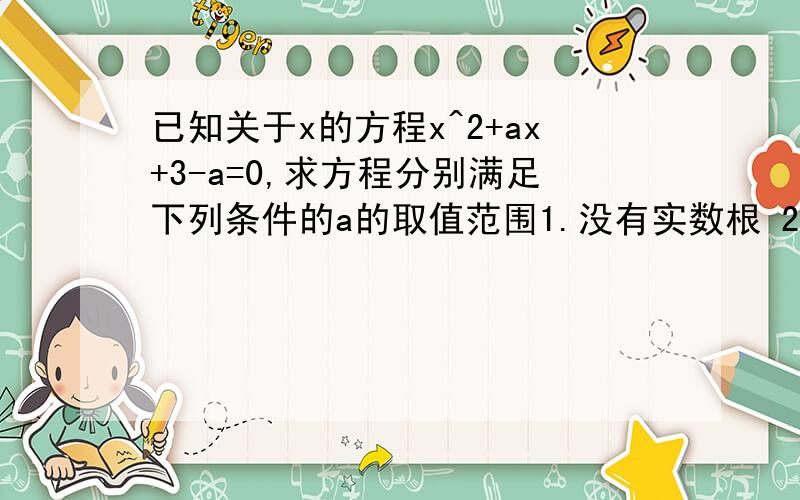 已知关于x的方程x^2+ax+3-a=0,求方程分别满足下列条件的a的取值范围1.没有实数根 2.有2个异号的实数根 3.有2 个小于2 的实数根 4有2个实数根,一个大于2,一个小于2