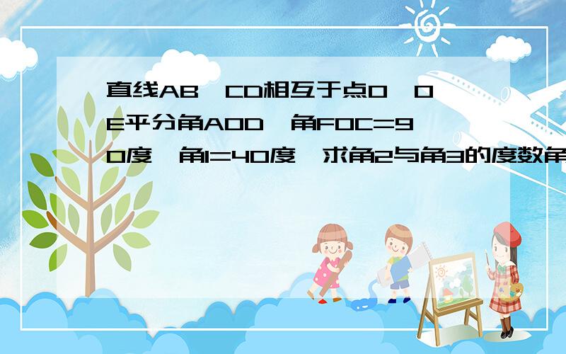 直线AB、CD相互于点O,OE平分角AOD,角FOC=90度,角1=40度,求角2与角3的度数角1是角BOF、角2是角EOA、角3是角AOC