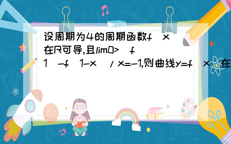 设周期为4的周期函数f(x)在R可导,且lim0>(f(1)-f(1-x)/x=-1,则曲线y=f(x)在点（5,f(5)）的法线斜率