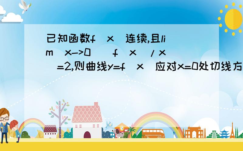 已知函数f(x)连续,且lim(x->0)[f(x)/x]=2,则曲线y=f(x)应对x=0处切线方程为?