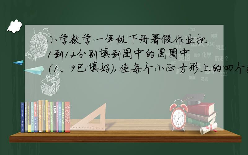 小学数学一年级下册暑假作业把1到12分别填到图中的圆圈中（1、9已填好）,使每个小正方形上的四个数相加的和都等于25.注：有六个正方形,1填在左上角,9填在右下角.