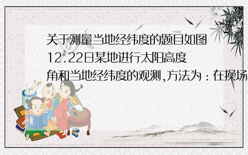 关于测量当地经纬度的题目如图12.22日某地进行太阳高度角和当地经纬度的观测,方法为：在操场上选择一个点A.垂直树立一竹竿,长为2m,以A为圆心画出一个半径长为2m的园,并将观测到的投影记