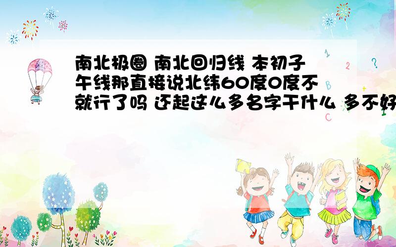 南北极圈 南北回归线 本初子午线那直接说北纬60度0度不就行了吗 还起这么多名字干什么 多不好记