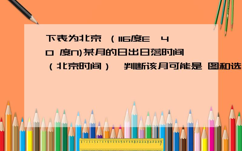 下表为北京 （116度E,40 度N)某月的日出日落时间（北京时间）,判断该月可能是 图和选下表为北京 （116度E, 40 度N)某月的日出日落时间（北京时间）,判断该月可能是图和选项在下面,