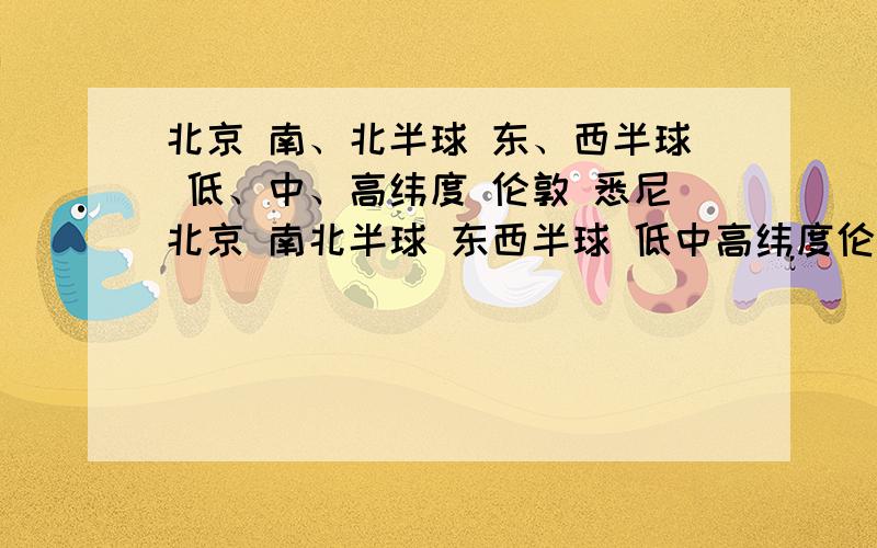 北京 南、北半球 东、西半球 低、中、高纬度 伦敦 悉尼北京 南北半球 东西半球 低中高纬度伦敦悉尼（23°26'N,15°W）汗颜了,这些没学就要做学案了.