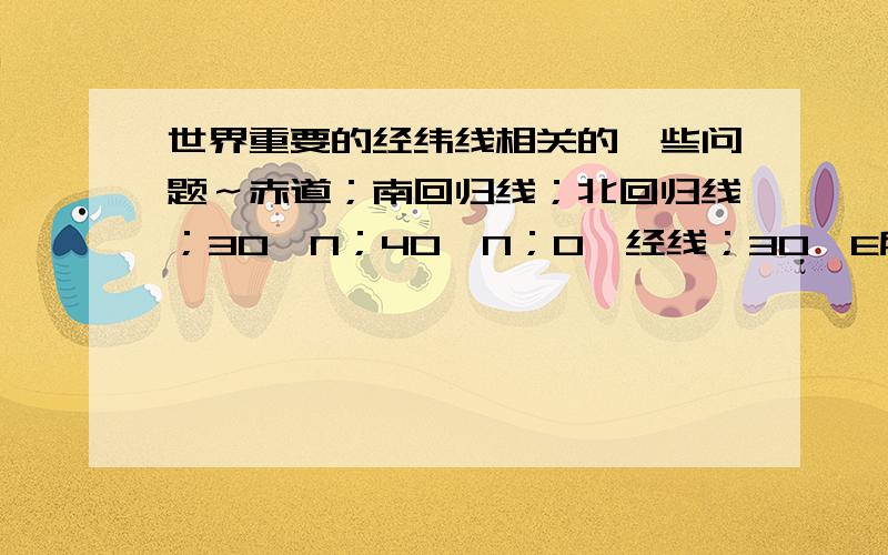 世界重要的经纬线相关的一些问题～赤道；南回归线；北回归线；30°N；40°N；0°经线；30°E所经过的主要地形,主要河流、湖泊,主要气候