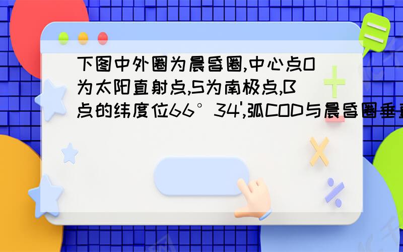 下图中外圈为晨昏圈,中心点O为太阳直射点,S为南极点,B点的纬度位66°34',弧COD与晨昏圈垂直,DS为0°经线的4．北京时间为\x09A．18时\x09\x09\x09B．此时2时\x09C．8时\x09\x09\x09D．14时5．下列叙述正确