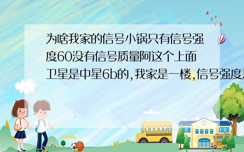 为啥我家的信号小锅只有信号强度60没有信号质量阿这个上面卫星是中星6b的,我家是一楼,信号强度是百分之60,怎么调都没变化,接收装置是什么?在哪里阿,我是女孩,也不是很懂这些,