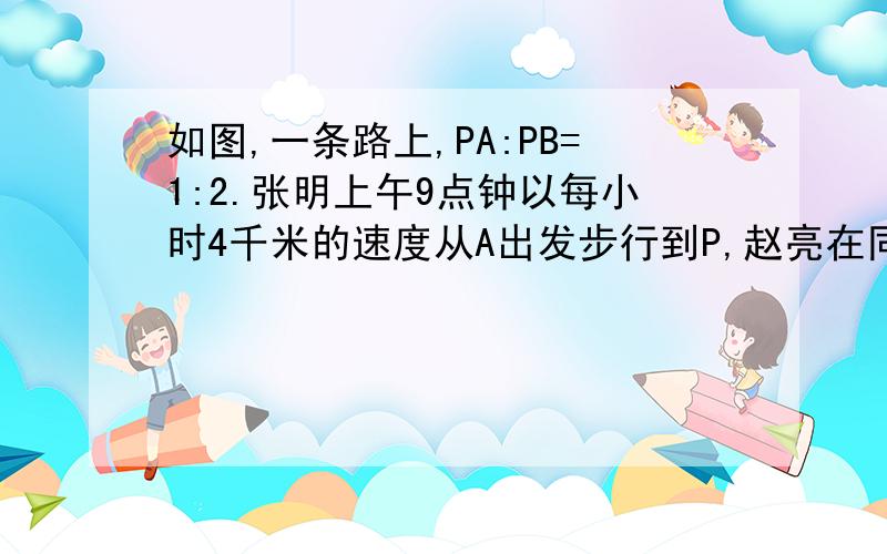 如图,一条路上,PA:PB=1:2.张明上午9点钟以每小时4千米的速度从A出发步行到P,赵亮在同一时刻汽车以每小时10千米的速度从B到P,比张明早20分钟到达P地.（1）A、B间的距离是多少千米?（2）张明到