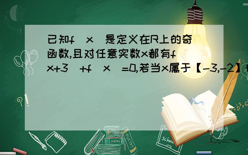 已知f(x)是定义在R上的奇函数,且对任意实数x都有f(x+3)+f(x)=0,若当x属于【-3,-2】时,f(x)=2x.求f(二分之一）的值