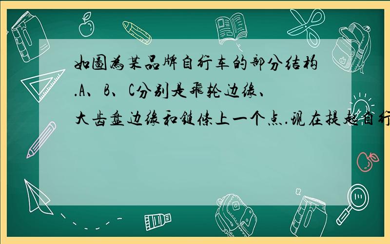 如图为某品牌自行车的部分结构．A、B、C分别是飞轮边缘、大齿盘边缘和链条上一个点．现在提起自行车后轮,转动脚蹬子,使大齿盘和飞轮在链条带动下转动,则下列说法正确的是（　　）