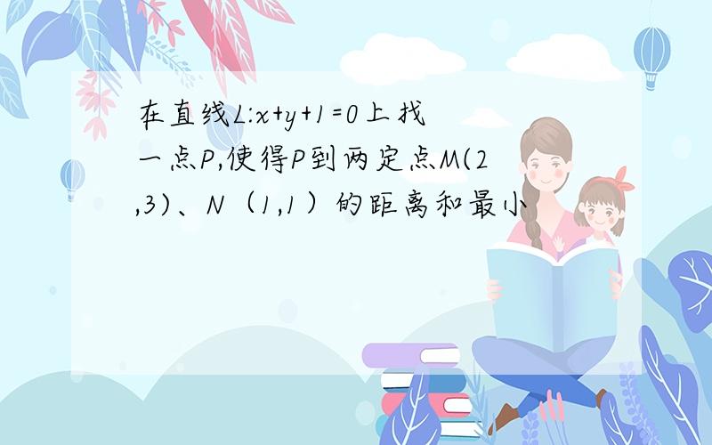 在直线L:x+y+1=0上找一点P,使得P到两定点M(2,3)、N（1,1）的距离和最小