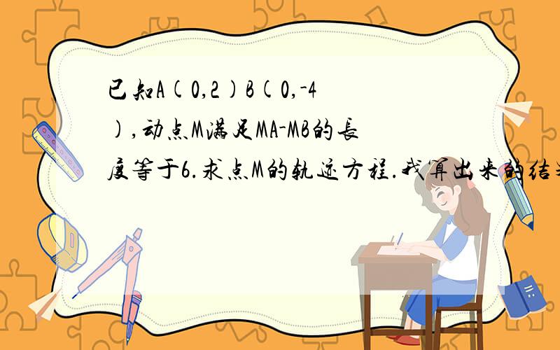 已知A(0,2)B(0,-4),动点M满足MA-MB的长度等于6.求点M的轨迹方程.我算出来的结果是X^2