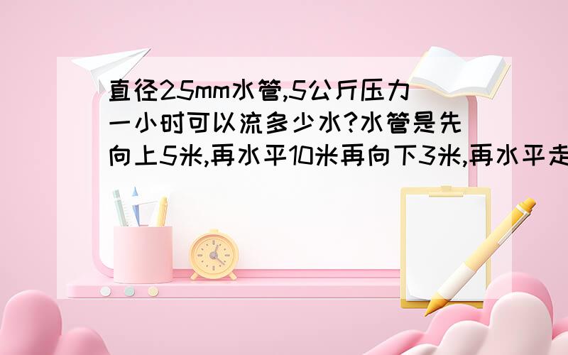 直径25mm水管,5公斤压力一小时可以流多少水?水管是先向上5米,再水平10米再向下3米,再水平走210米.