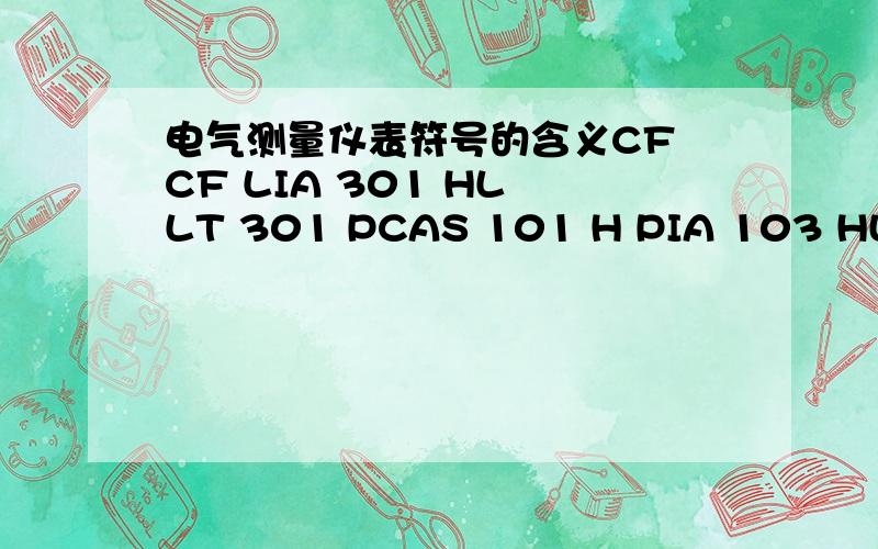 电气测量仪表符号的含义CF CF LIA 301 HL LT 301 PCAS 101 H PIA 103 HL PIAS 101 PIC 102 PIC 103 PIC 104 PIS 101 PK 103 PK 104 PT 101 PT 102 PT 103 PT 104 TE 101 TE 102 TE 103 TE 104 TE 301 TI 103 TI 104 TI 301 TIA 102 H TIAS 101 H1,这些仪