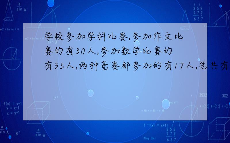 学校参加学科比赛,参加作文比赛的有30人,参加数学比赛的有35人,两种竞赛都参加的有17人,总共有多少人