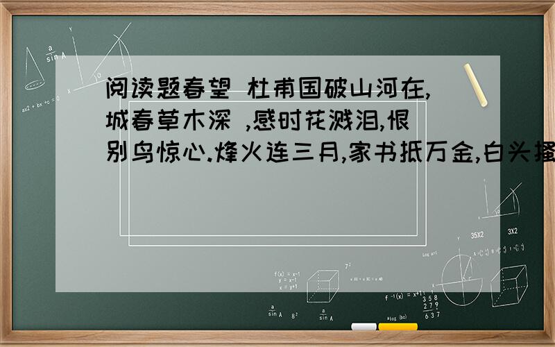 阅读题春望 杜甫国破山河在,城春草木深 ,感时花溅泪,恨别鸟惊心.烽火连三月,家书抵万金,白头搔更短,浑欲不胜簪.1 两首诗都描写了“望”的内容,但所描写的景致各有不同.《沁园春·雪》描