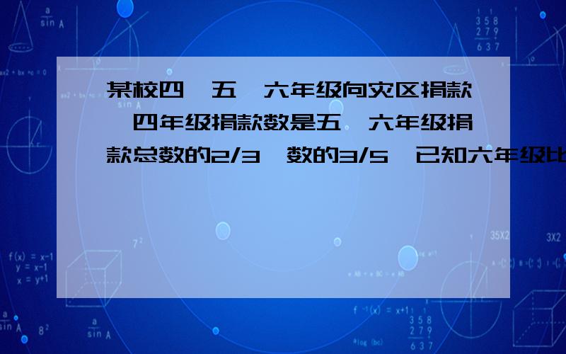 某校四、五、六年级向灾区捐款,四年级捐款数是五、六年级捐款总数的2/3,数的3/5,已知六年级比五年级少娟180元,三个年级共捐多少元?