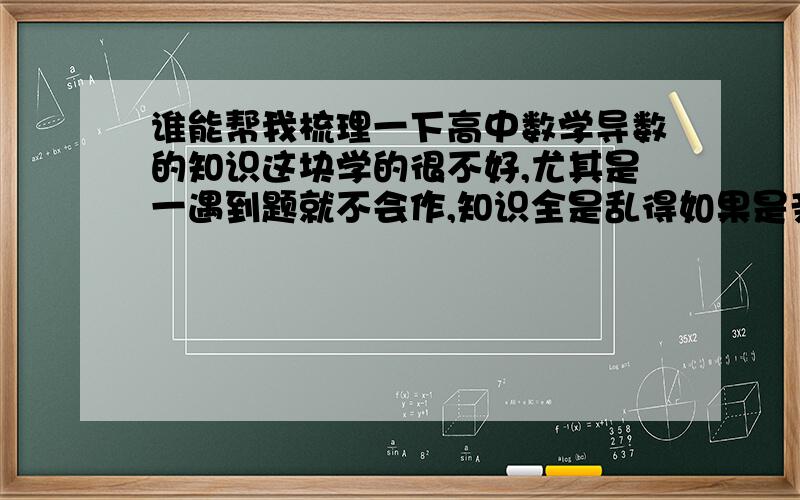 谁能帮我梳理一下高中数学导数的知识这块学的很不好,尤其是一遇到题就不会作,知识全是乱得如果是亲自写的我会追加分的