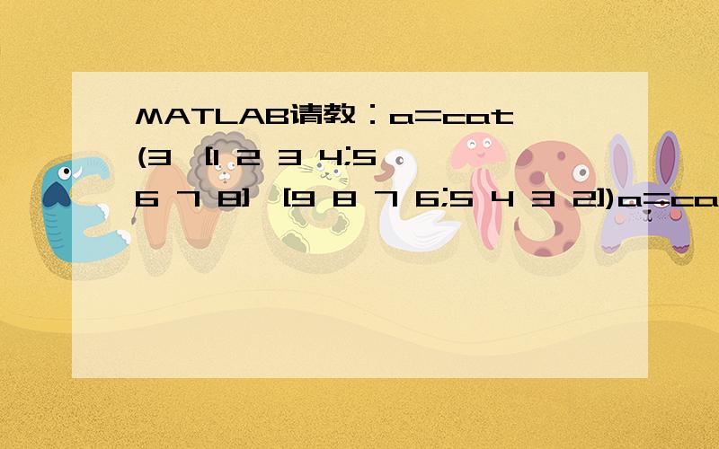 MATLAB请教：a=cat(3,[1 2 3 4;5 6 7 8],[9 8 7 6;5 4 3 2])a=cat(3,[1 2 3 4;5 6 7 8],[9 8 7 6;5 4 3 2]) 这个语句怎么理解,各个参数的意义是什么啊?