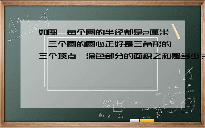 如图,每个圆的半径都是2厘米,三个圆的圆心正好是三角形的三个顶点,涂色部分的面积之和是多少?