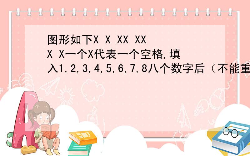 图形如下X X XX XX X X一个X代表一个空格,填入1,2,3,4,5,6,7,8八个数字后（不能重复）使横或竖3个数相加都相等.后来花了大量时间,拼凑得出8 4 3 6 4 21 5 5 76 2 7 1 8 3 这是我孩子的一道小学数学思考