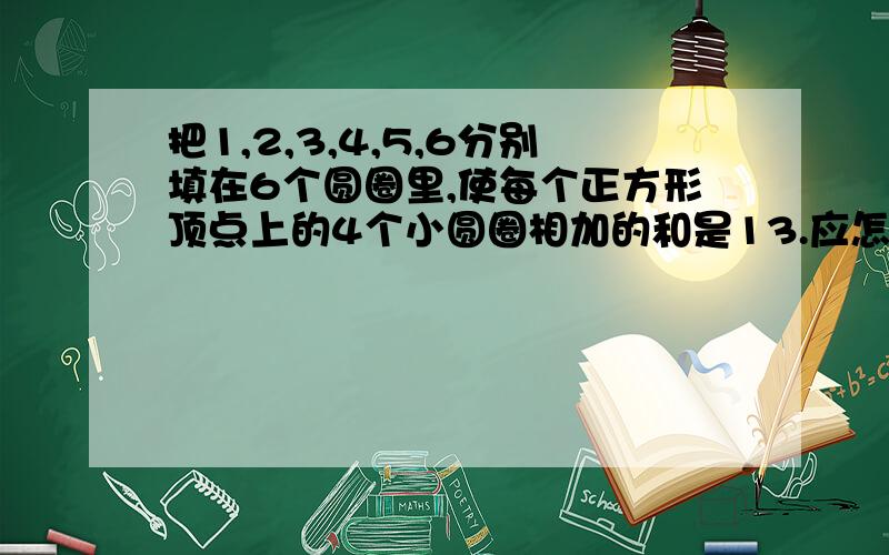 把1,2,3,4,5,6分别填在6个圆圈里,使每个正方形顶点上的4个小圆圈相加的和是13.应怎样填?