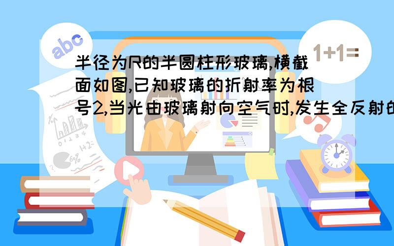 半径为R的半圆柱形玻璃,横截面如图,已知玻璃的折射率为根号2,当光由玻璃射向空气时,发生全反射的临界角为45度.一束与MN平面成45度的平行光射到半圆柱玻璃面上,经玻璃折射后,有部分光能