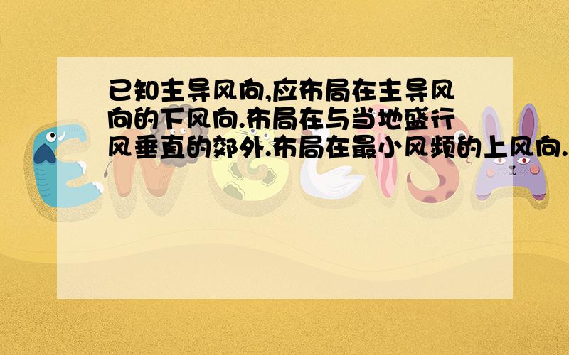 已知主导风向,应布局在主导风向的下风向.布局在与当地盛行风垂直的郊外.布局在最小风频的上风向.这三句话是什么意思什么是上风向什么是下风向,什么垂直于盛行风啊