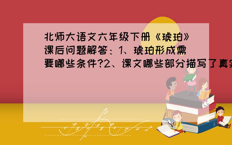 北师大语文六年级下册《琥珀》课后问题解答：1、琥珀形成需要哪些条件?2、课文哪些部分描写了真实的情景,哪些部分描述了想象的情景?（完整回答并分析句子意思）课文：这个故事发生