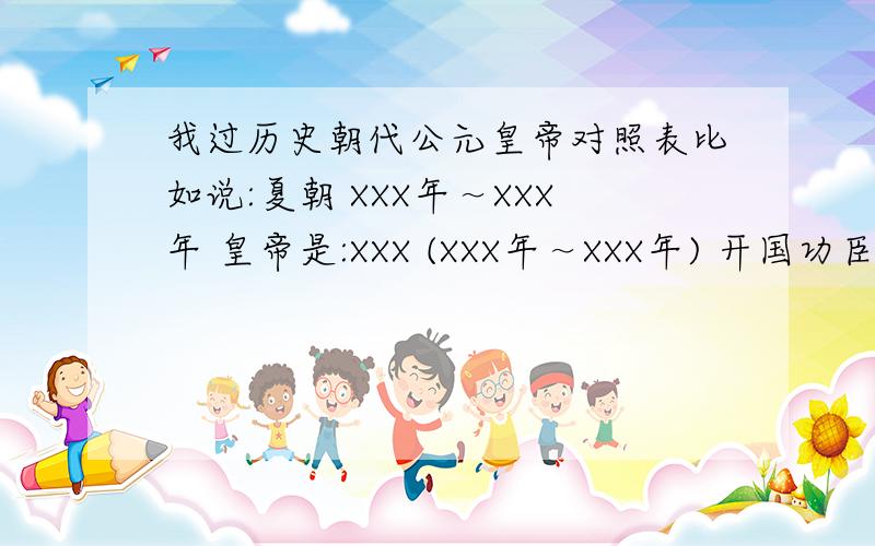 我过历史朝代公元皇帝对照表比如说:夏朝 XXX年～XXX年 皇帝是:XXX (XXX年～XXX年) 开国功臣是:XXX 宰相:XXXX