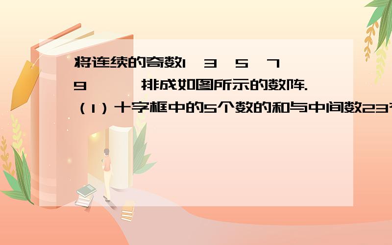 将连续的奇数1,3,5,7,9……,排成如图所示的数阵.（1）十字框中的5个数的和与中间数23有什么关系?（7、21、23、25、39）（2）设中间数为a,用代数式表示十字框中5数之和.（3）将十字框中上下左