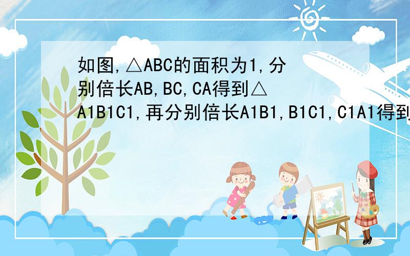 如图,△ABC的面积为1,分别倍长AB,BC,CA得到△A1B1C1,再分别倍长A1B1,B1C1,C1A1得到△A2B2C2……按此规律,倍长n次后得到的△AnBnCn的面积为(7的n次方),只需证出2S△ABC=S△C1B1C即可.