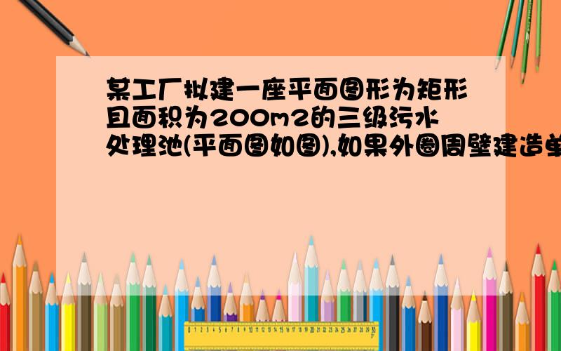 某工厂拟建一座平面图形为矩形且面积为200m2的三级污水处理池(平面图如图),如果外圈周壁建造单价为每米400元,中间两条隔墙建造单价为每米248元,池底建造单价为每平方米80元,池壁的厚度忽