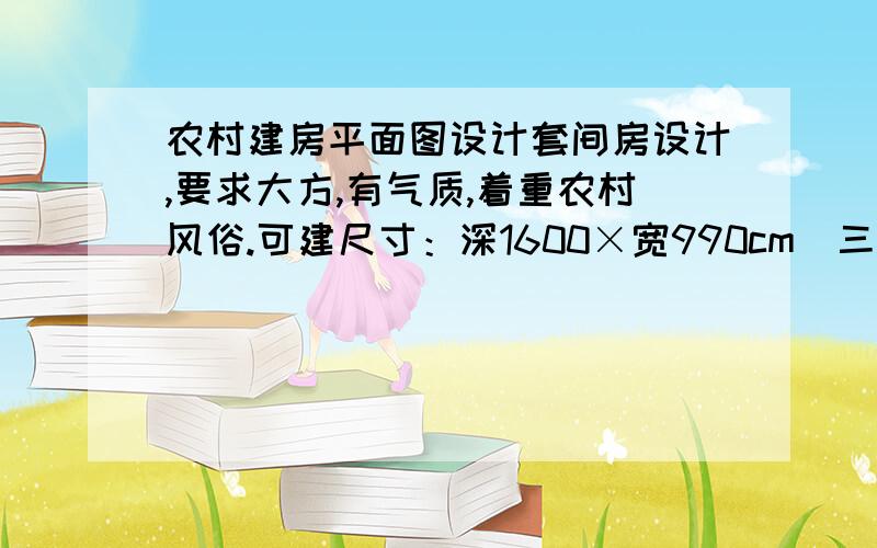 农村建房平面图设计套间房设计,要求大方,有气质,着重农村风俗.可建尺寸：深1600×宽990cm(三层半设计、西北门).急