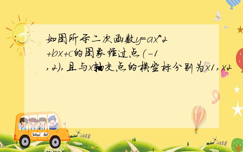 如图所示二次函数y=ax^2+bx+c的图象经过点(-1,2),且与x轴交点的横坐标分别为x1,x2