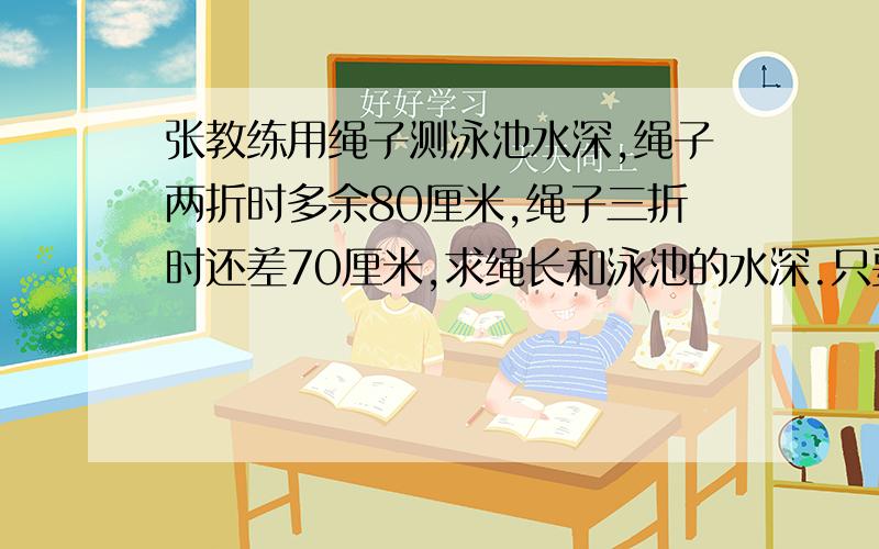 张教练用绳子测泳池水深,绳子两折时多余80厘米,绳子三折时还差70厘米,求绳长和泳池的水深.只要在2011年的2月10日的24：00前回答就给20悬赏（越详细给的悬赏越多）