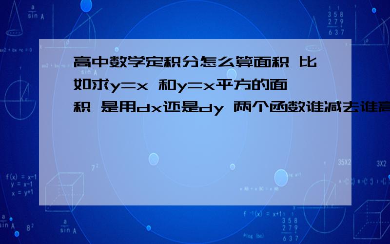 高中数学定积分怎么算面积 比如求y=x 和y=x平方的面积 是用dx还是dy 两个函数谁减去谁高中数学定积分怎么算面积比如求y=x 和y=x平方的面积是用dx还是dy 两个函数谁减去谁