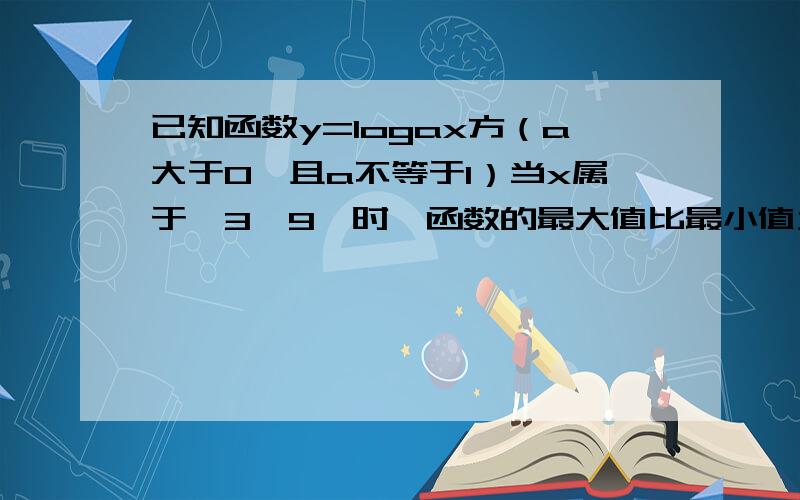 已知函数y=logax方（a大于0,且a不等于1）当x属于【3,9】时,函数的最大值比最小值大1,求a的值