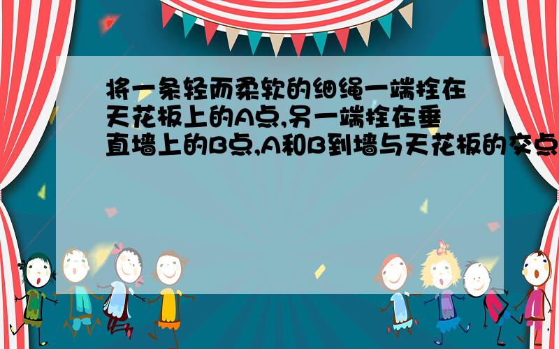 将一条轻而柔软的细绳一端拴在天花板上的A点,另一端拴在垂直墙上的B点,A和B到墙与天花板的交点O距离相同,绳长是OA的两倍.设摩擦力可忽略,将一质量可忽略的动滑轮K及其下悬挂的重物M一